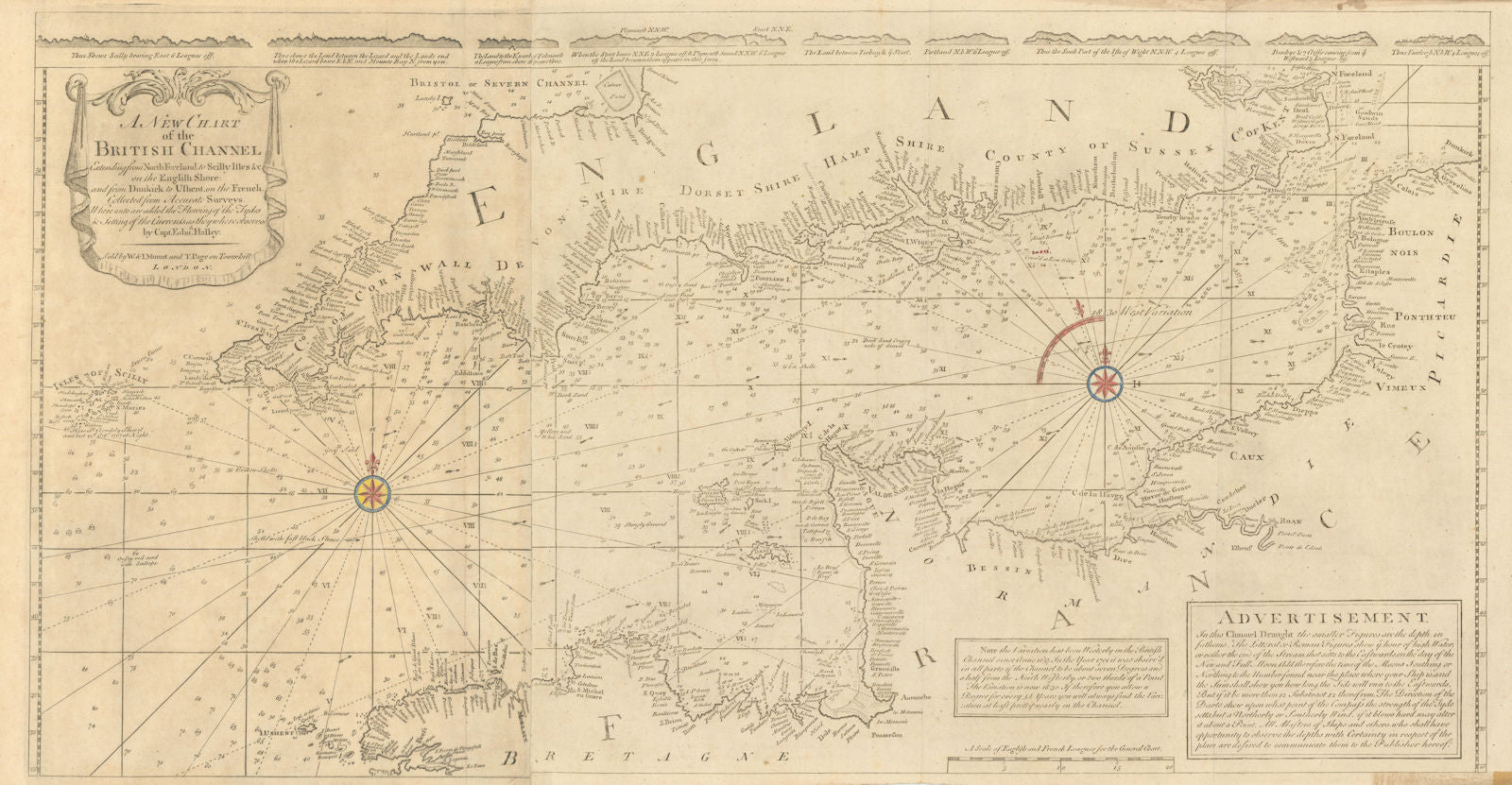 Chart of the British Channel… Halley's tides & currents. MOUNT & PAGE 1758 map